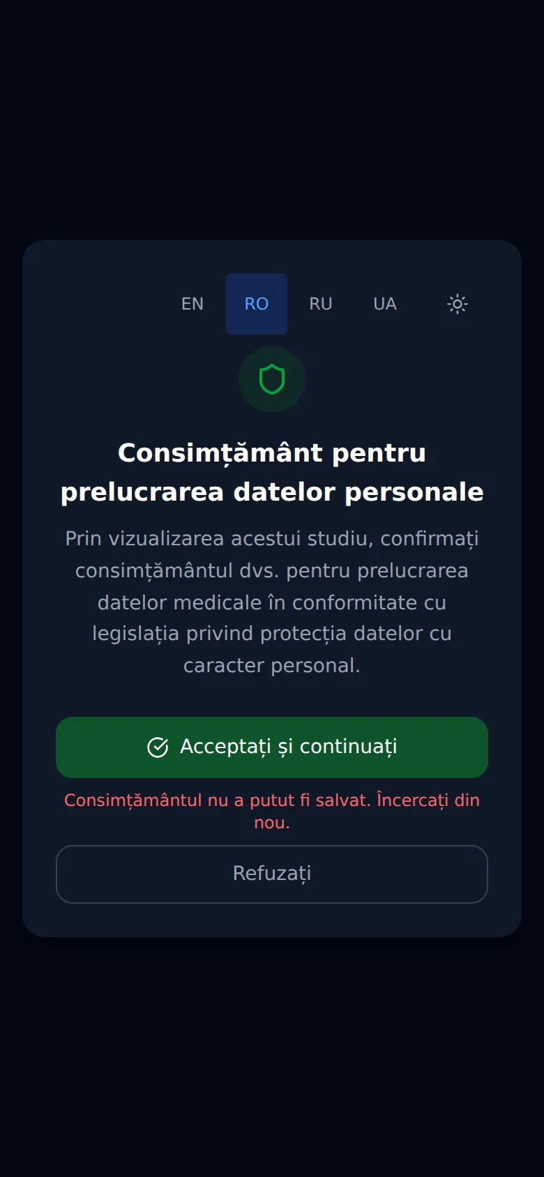 Pagina pacientului ClearScan pe telefon (date demonstrative)