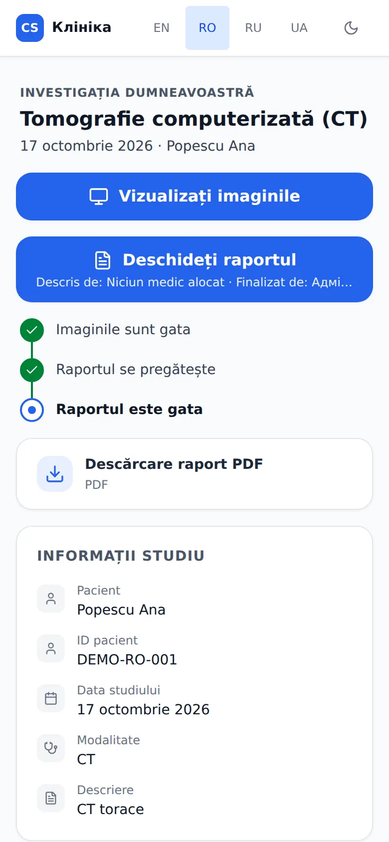 Pagina pacientului ClearScan pe telefon (date demonstrative)