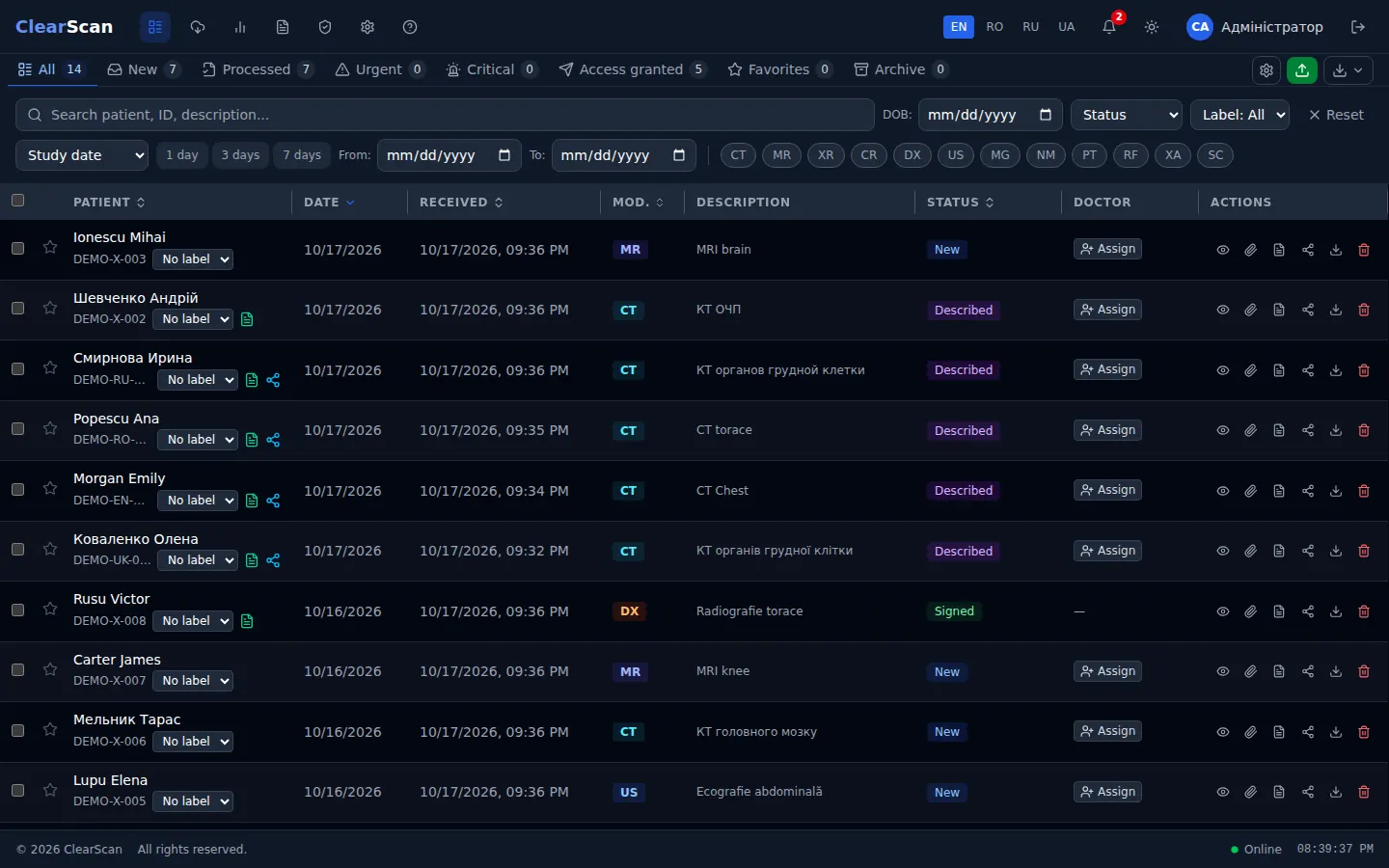 ClearScan study worklist (demo data)