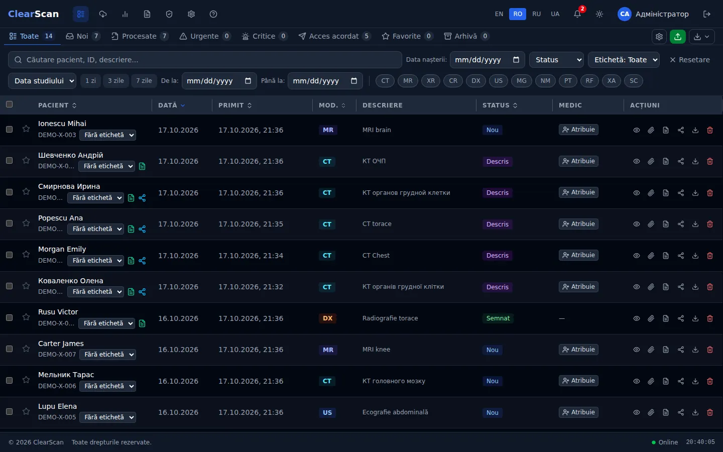 Lista de lucru ClearScan (date demonstrative)