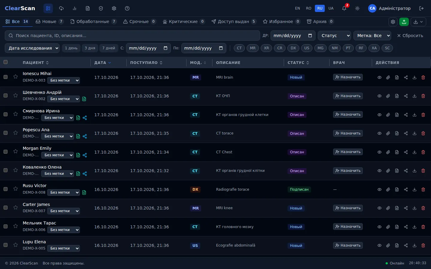 Рабочий список исследований ClearScan (демонстрационные данные)
