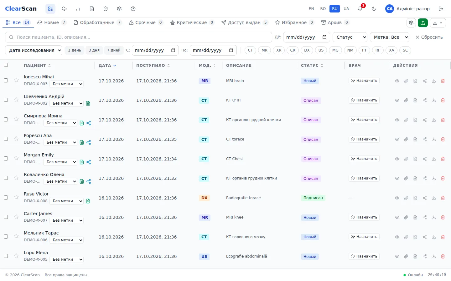 Рабочий список исследований ClearScan (демонстрационные данные)